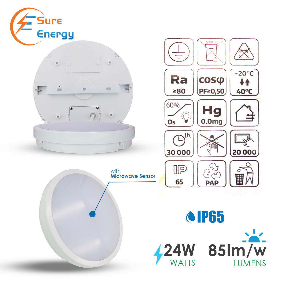 24W LED Bulkhead with Microwave Sensor &amp; Emergency Function IP65 4000K