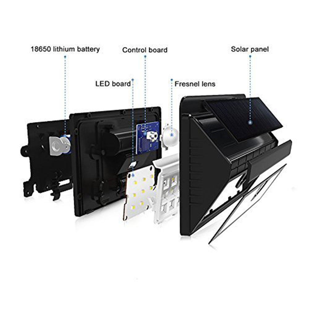 SOLAR WALL LIGHT WITH PIR, 30 PCS 2835 LED, 1.6W 200 LUMENS, BLACK HOUSING, IP65, 6500K