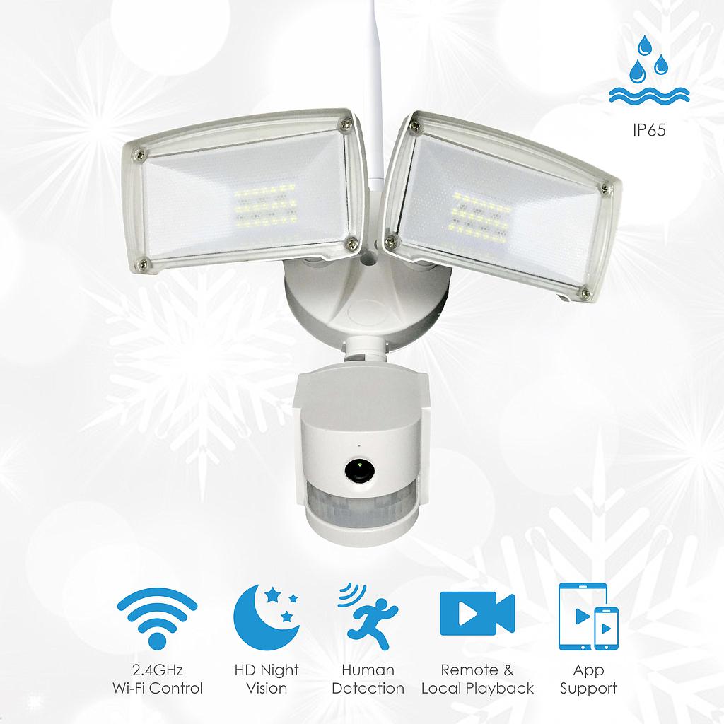 Wi-Fi Outdoor Security Kit with IP Camera and twin LED Floodlight, 2 way audio, White