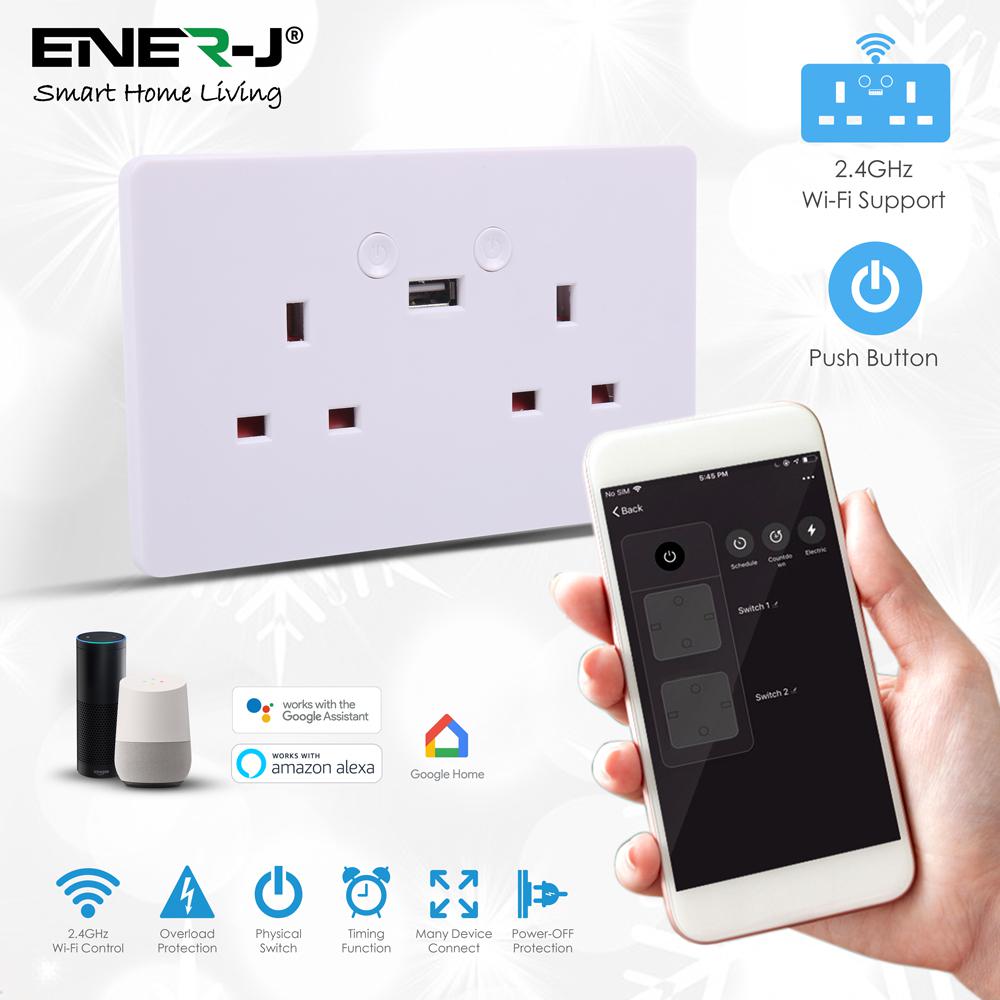 Smart Wi-Fi 13A Twin Wall Sockets with Type-c port. Push button