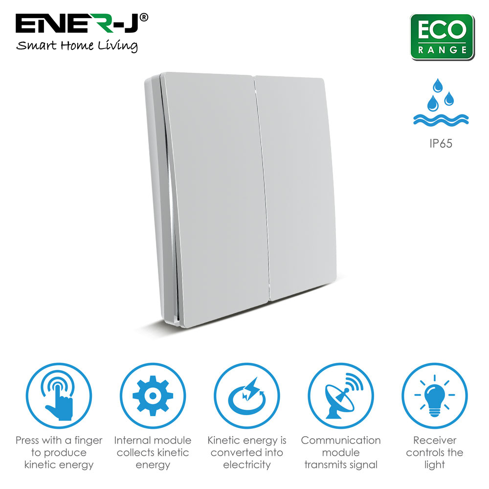 2 Gang Wireless Kinetic Switch, Polished Silver Body, ECO RANGE