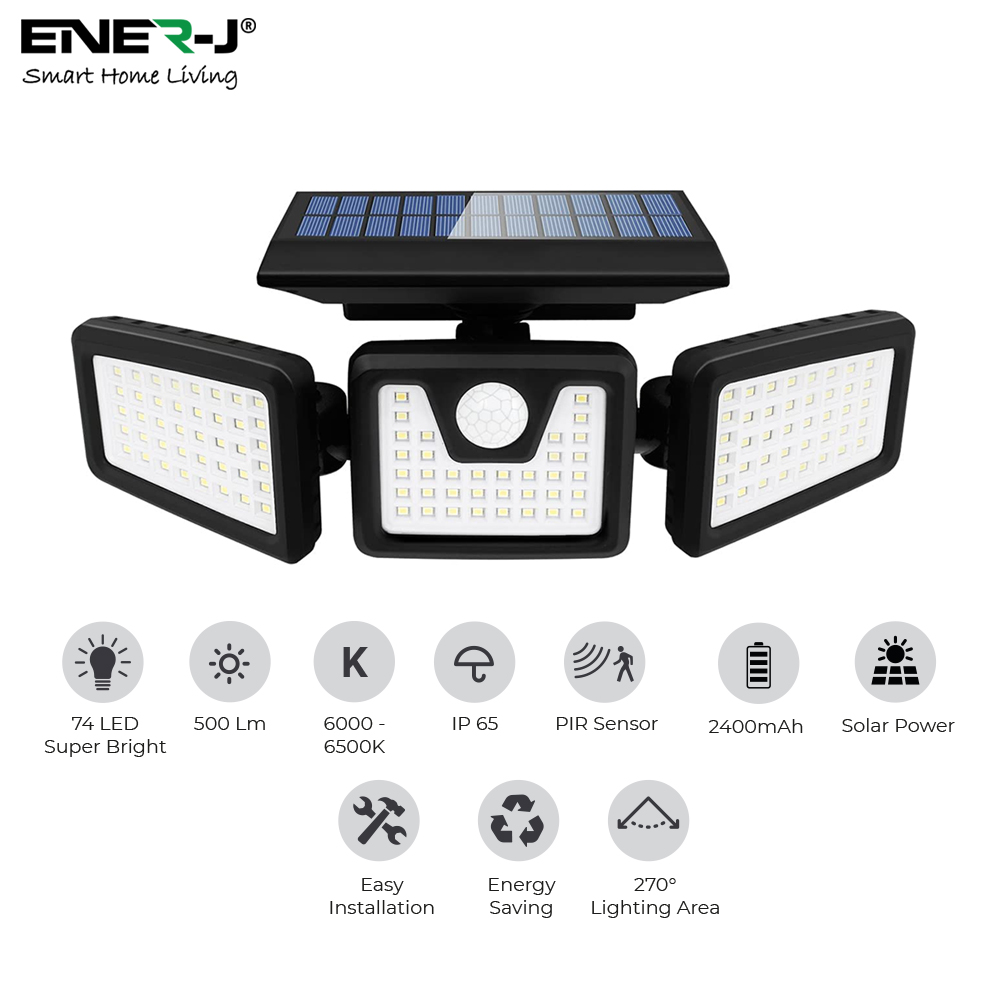 Solar Sensor 3 Heads  Wall Light ,2400mAh, 6000-6500K