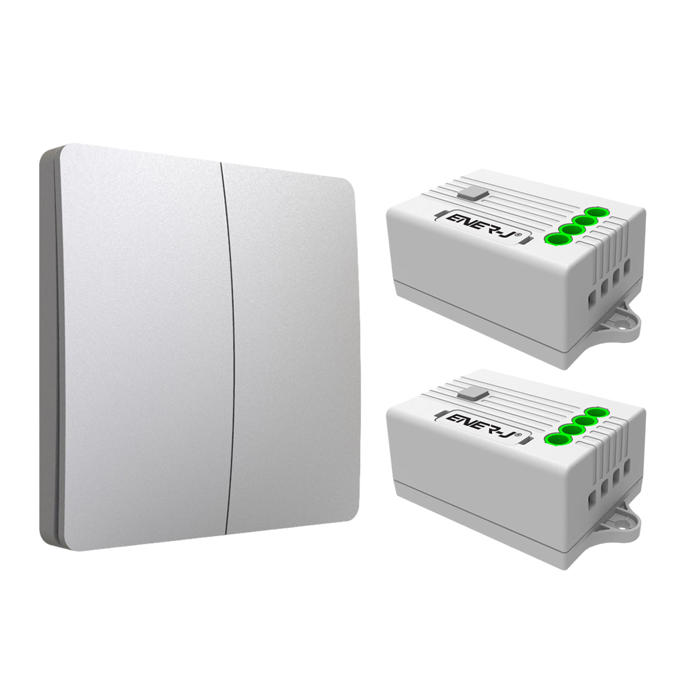 2 Gang Wireless Kinetic Switch, (Silver Finish) + 2 x 500W RF Receiver