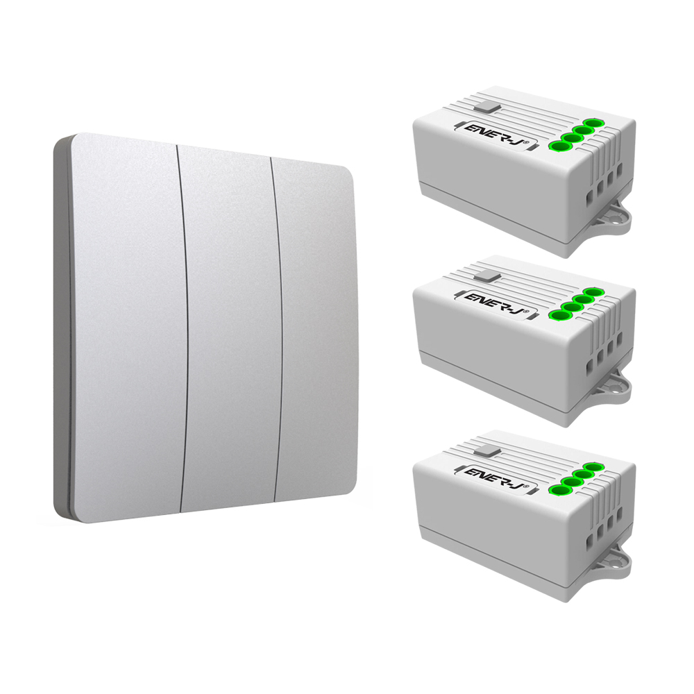 3 Gang Wireless Kinetic Switch, (Silver Finish) + 3 x 500W RF Receiver