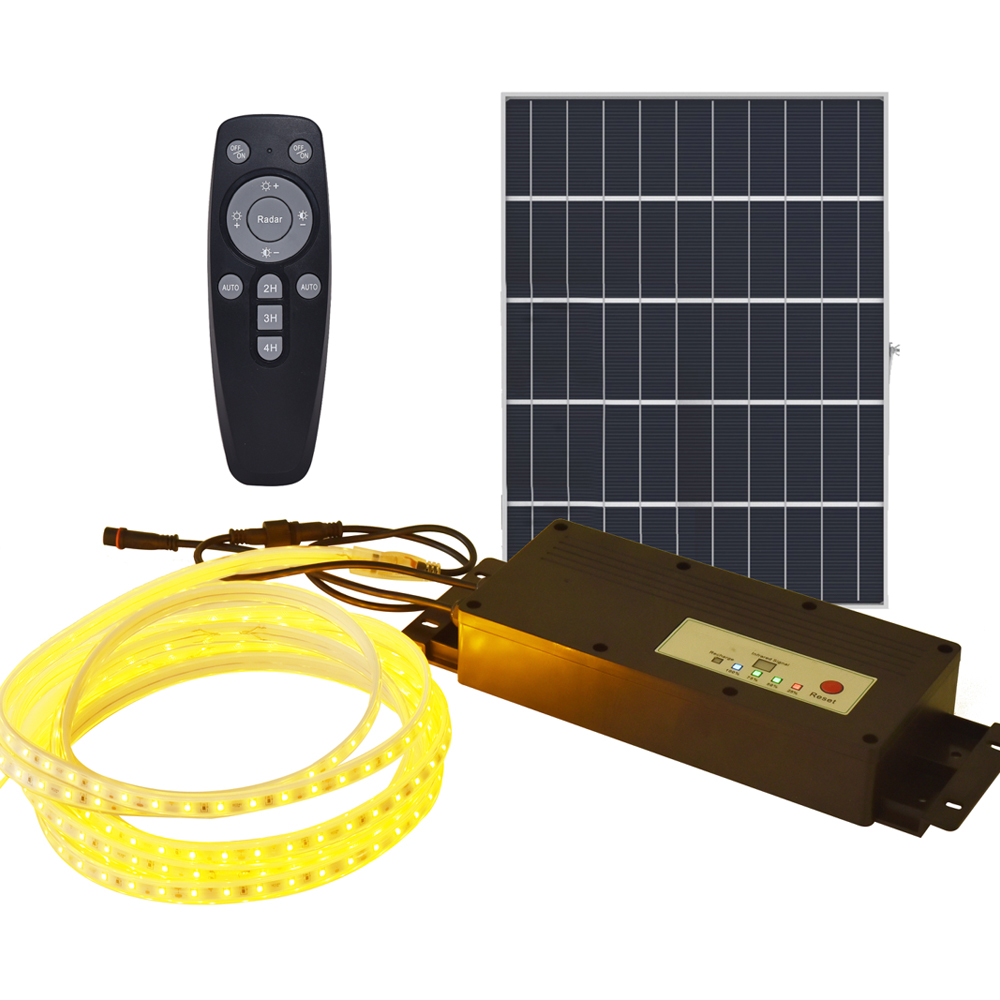 10 Meter Solar LED Strips with Silicon cover, IP65, 6V 8W Solar Panel with 6Ah battery, Remote Included. 3000K